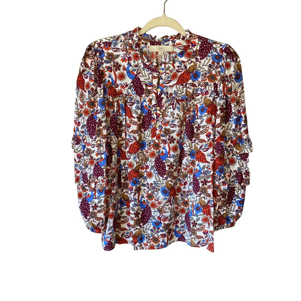 LOFT Womens Peacock Floral Ruffle Sleeve Peasant Blouse Multicolor Size M